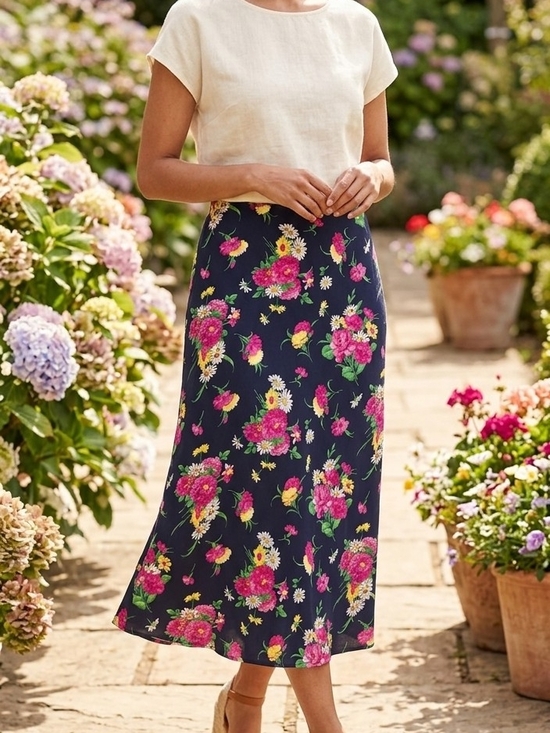 Ralph Lauren Dresses & Skirts - Ralph Lauren Navy Skirt with Pink and Yellow Floral Print Size 8